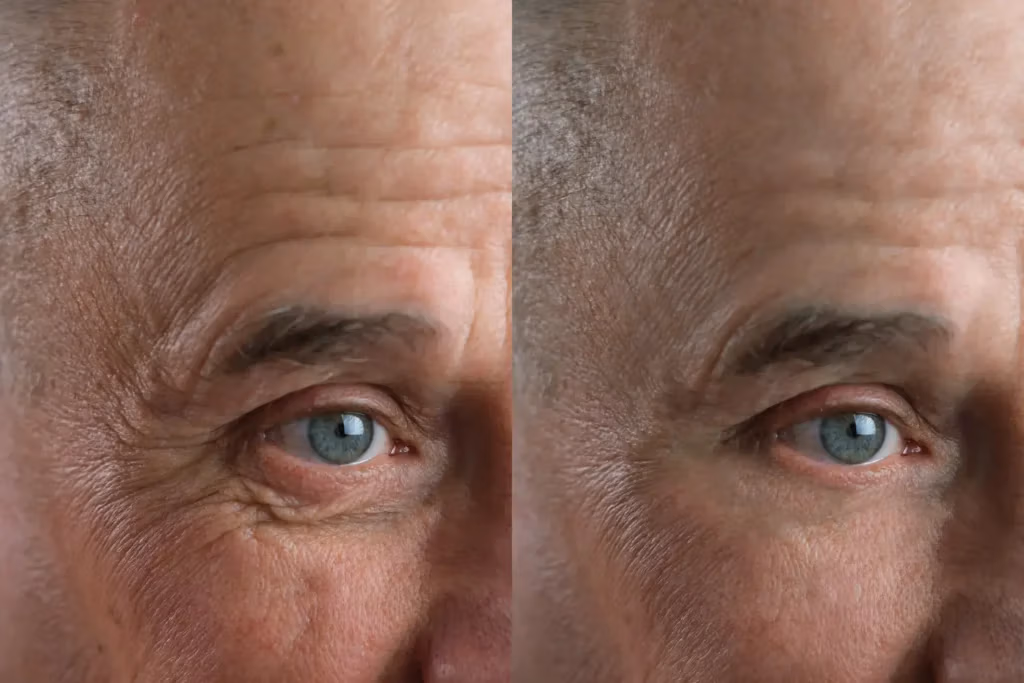 side-by-side close-up of eye area showing more visible lines on left and fewer lines on right