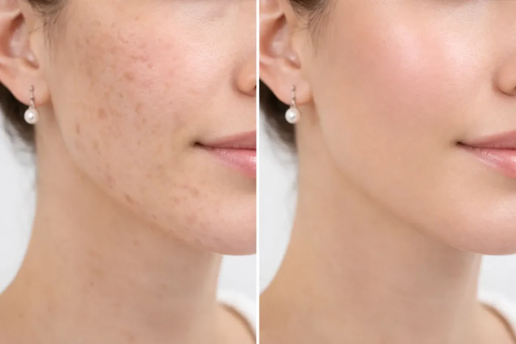 side-by-side close-up of cheek showing visible spots on left and more even tone on right