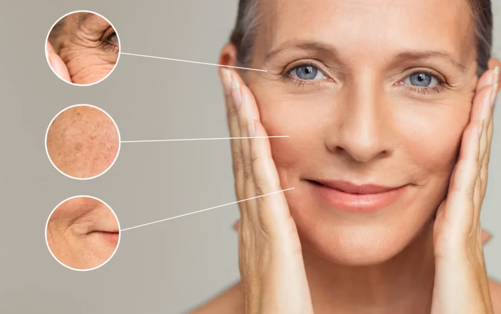 Woman touching her face with circular close-ups showing wrinkles and skin texture details